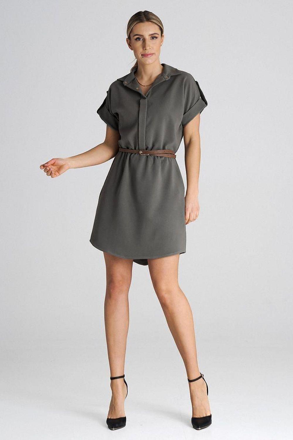 Grey collared day dress with short sleeves and waist belt, A-line above-knee length