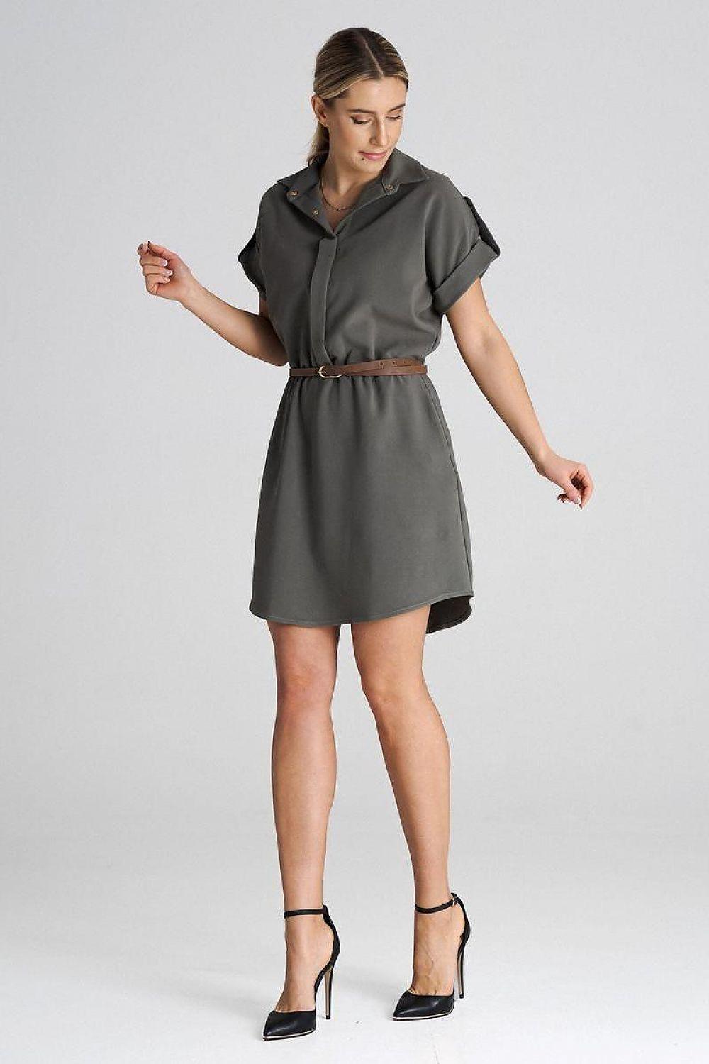 Grey collared day dress with short sleeves and waist belt, A-line above-knee length
