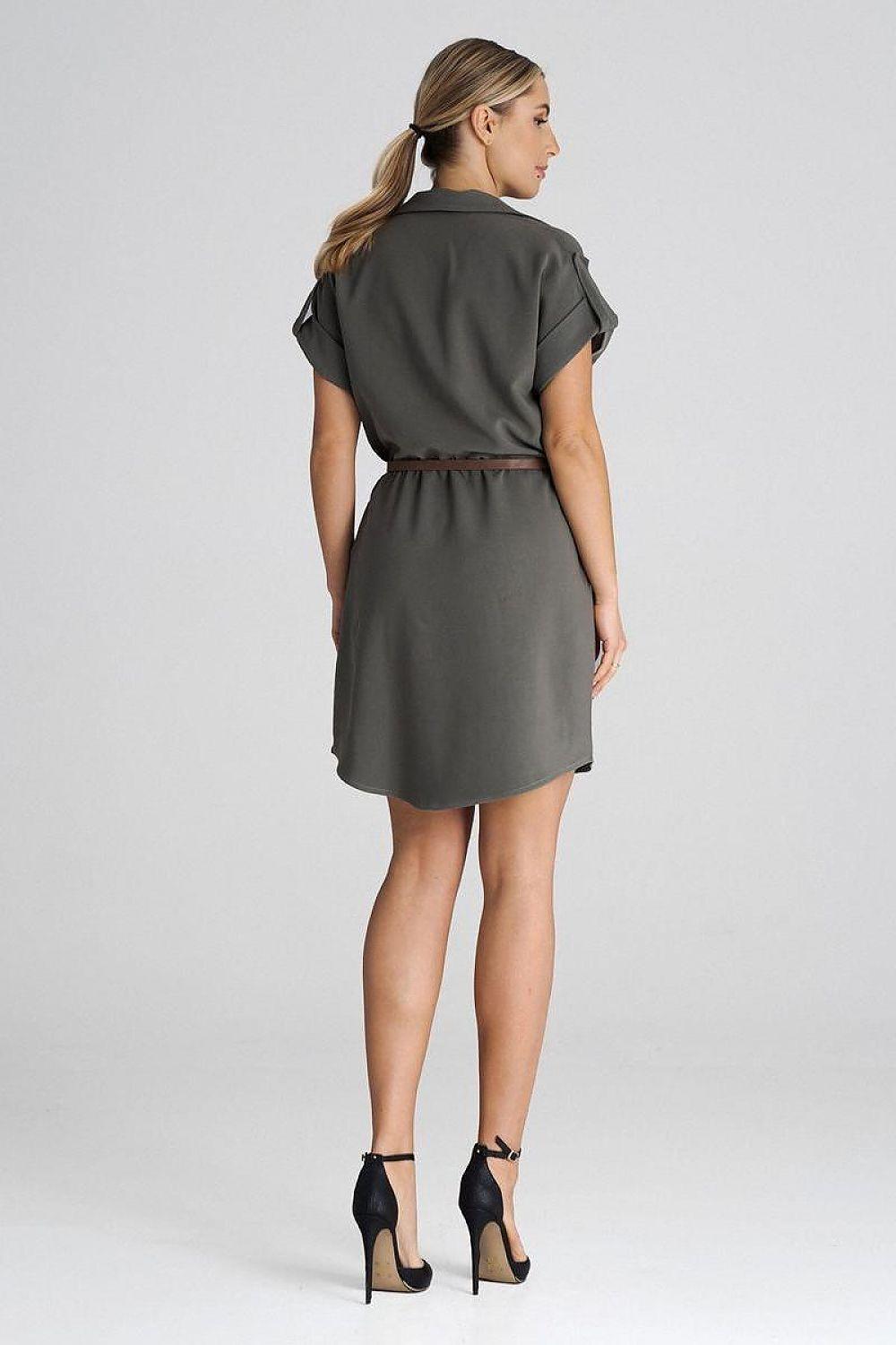 Grey collared day dress from the back with short sleeves and waist belt, above-knee length