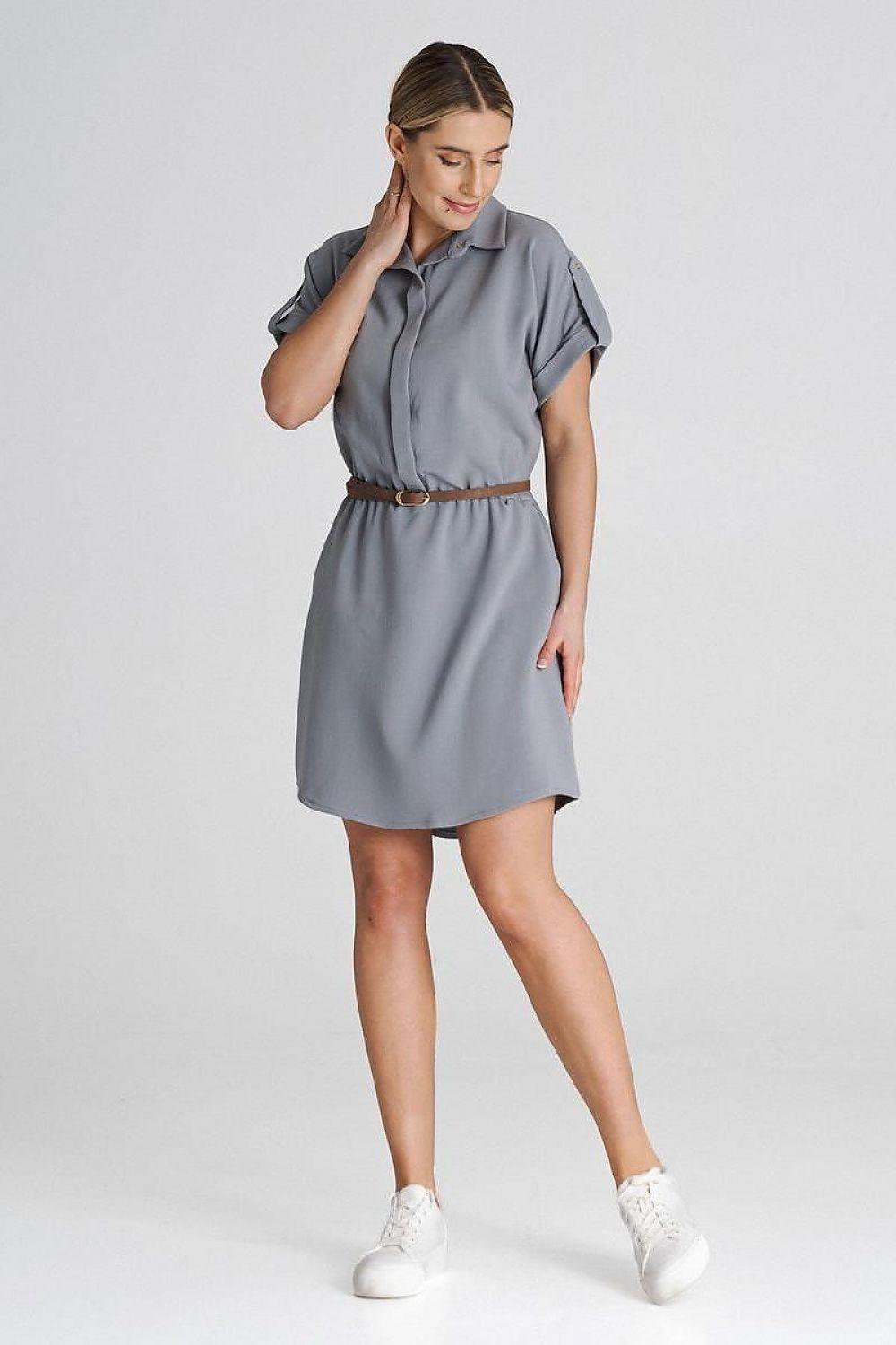 Grey collared day dress with short sleeves and waist belt, A-line above-knee length
