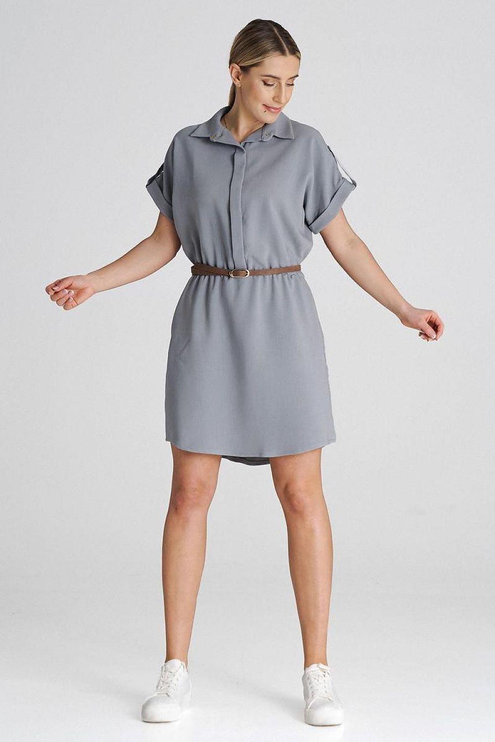 Figl daydress in grey with short sleeves, collar, button front, and belt at waist