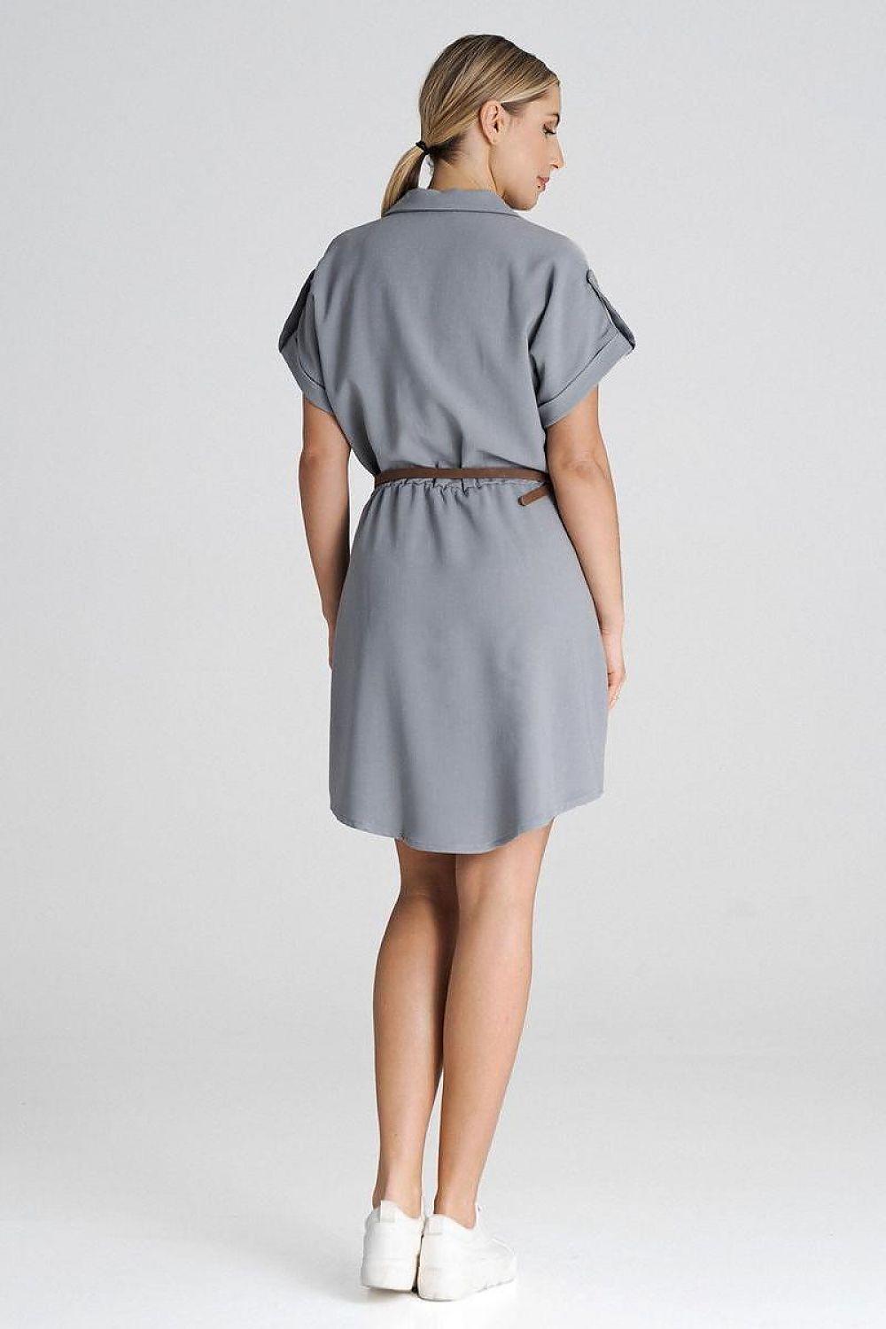Figl daydress in grey, back view, short sleeves and belt at the waist