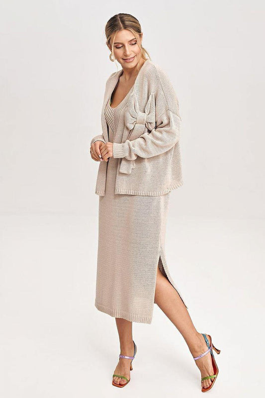 Figl beige knit set: open cardigan, sleeveless top, midi skirt with side slit