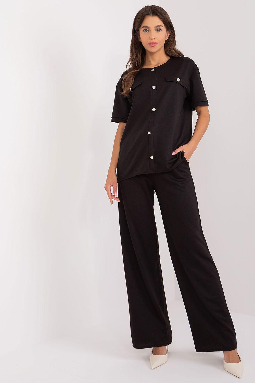 Black women's pants set with short-sleeve button front top and wide-leg trousers