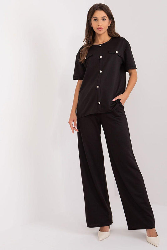 Black short-sleeve button-up top and wide-leg pants set, round neck, front buttons