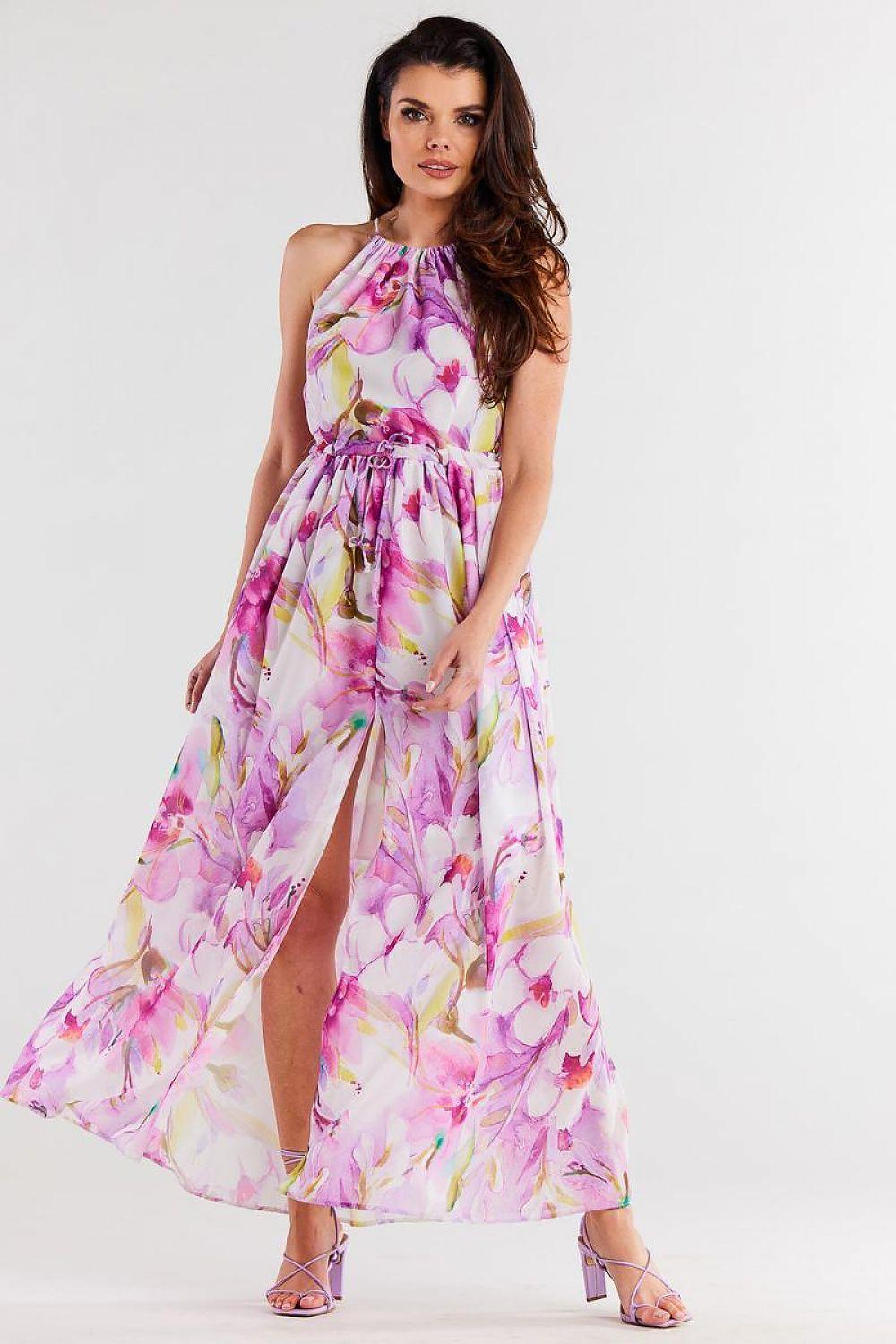 Violet floral maxi daydress by Awama, sleeveless with ruched waist and side slit