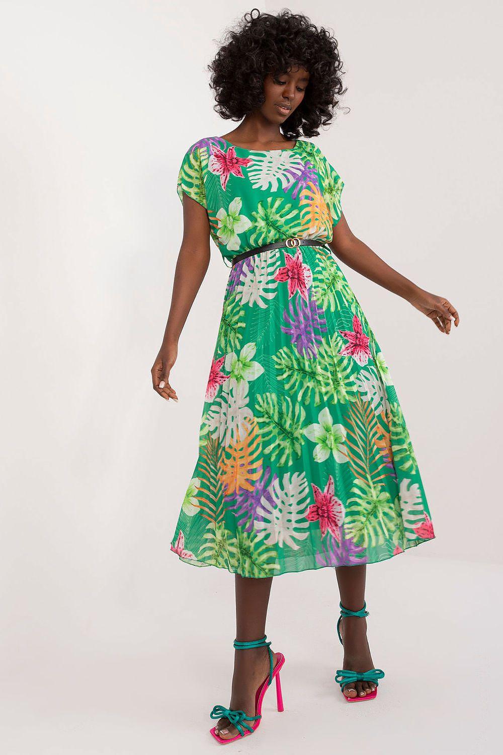 Green floral pleated midi dress with short sleeves and dark waist belt