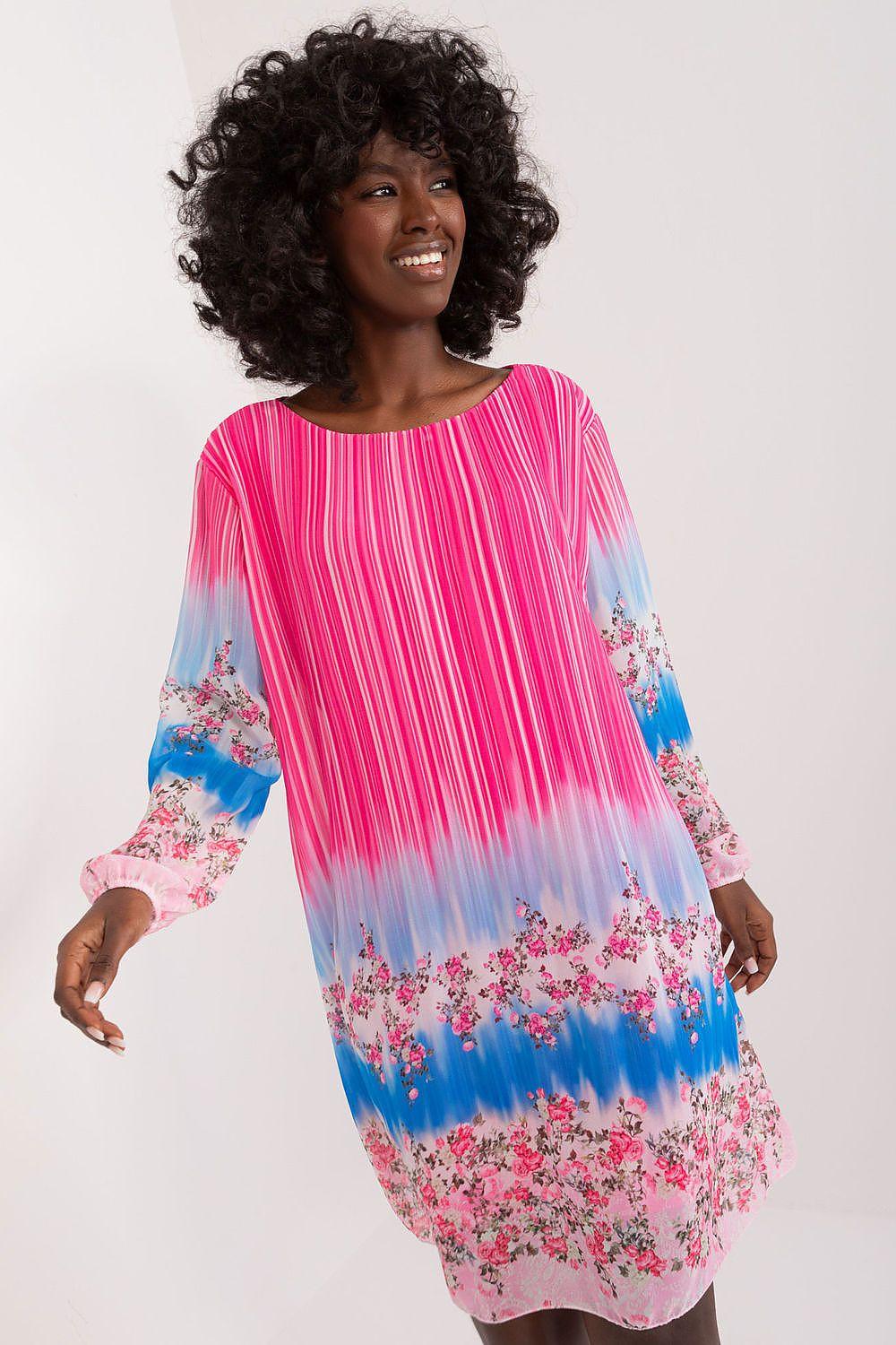 Pink daydress with vertical stripes, blue floral hem, long sleeves