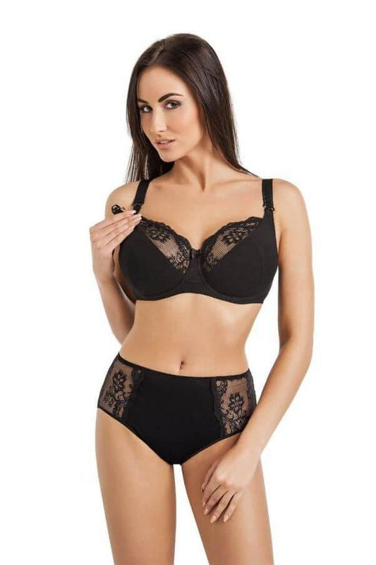 Black lace-trim nursing bra with underwire cups and adjustable straps