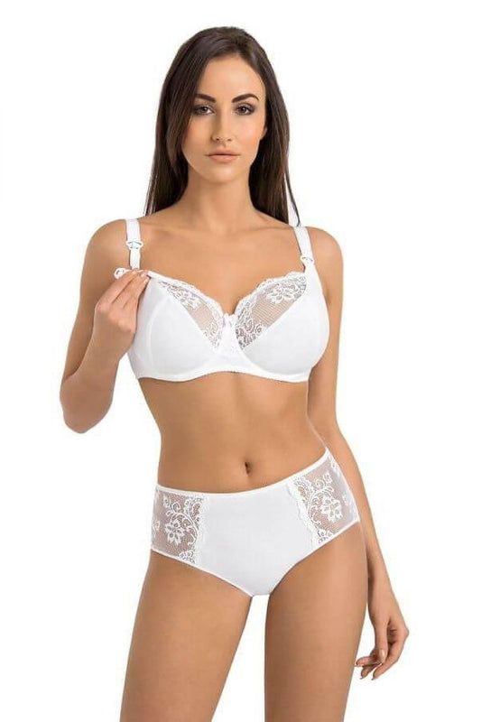White lace-trim nursing bra with adjustable straps and front cups