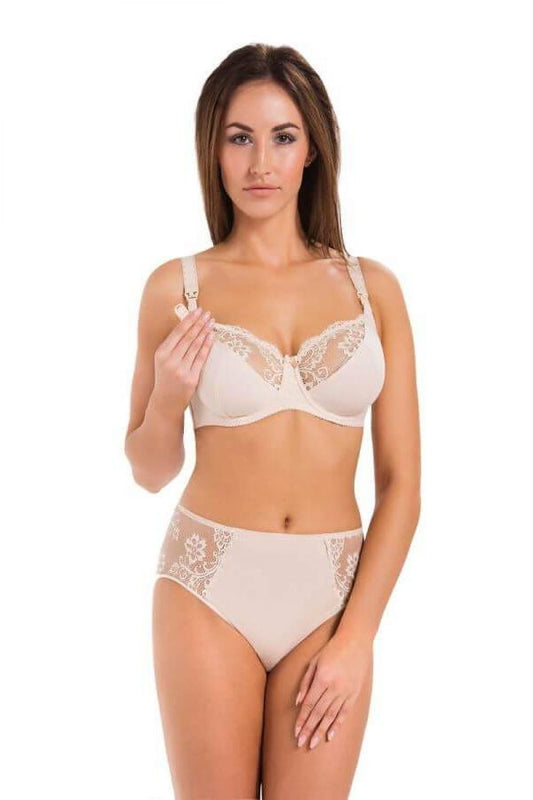 Beige nursing bra with lace trim and adjustable straps, front view