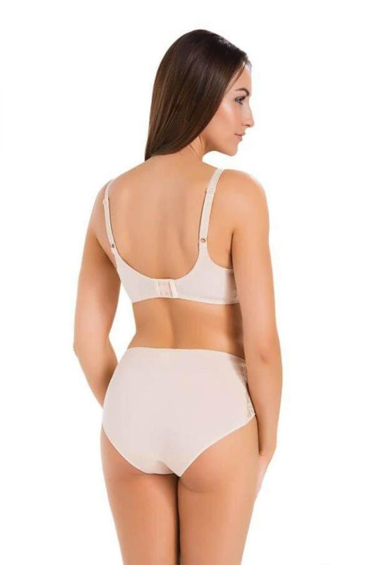 Beige nursing bra with lace back and adjustable straps, back view