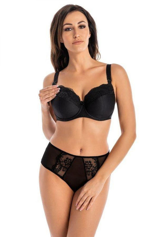 Black nursing bra with lace trim and matching briefs
