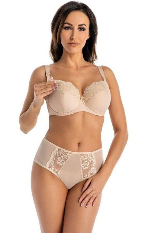 Nursing bra and briefs set in beige with lace trim and front clasp
