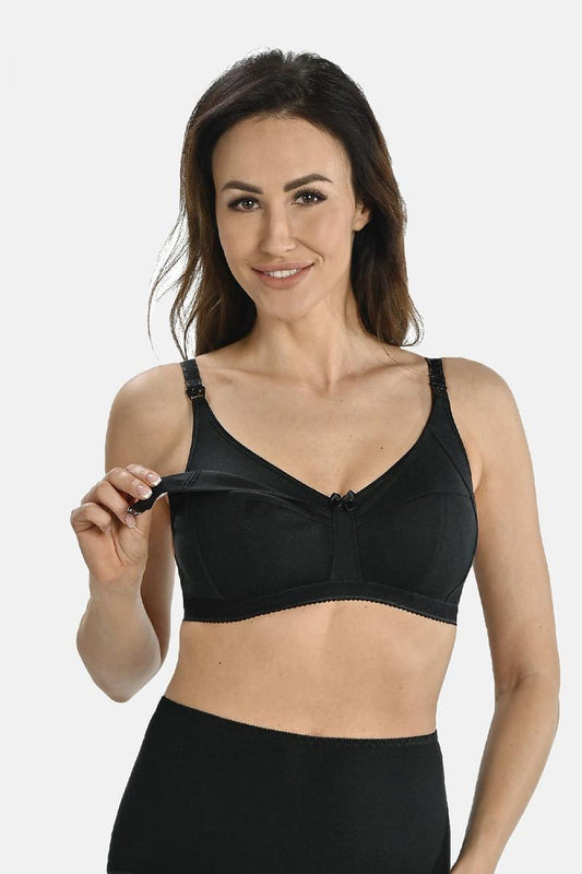 Black nursing bra with wide straps and front V neckline