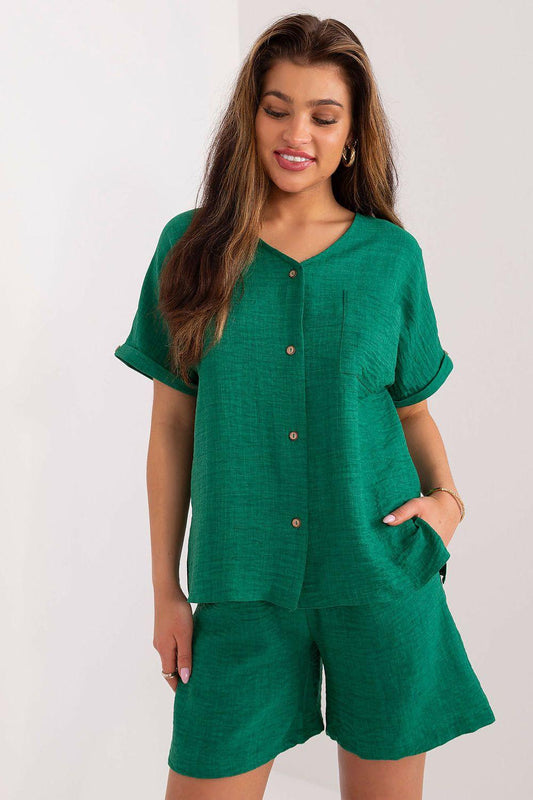 Green button-front shirt and matching shorts set, short sleeves and V-neck style