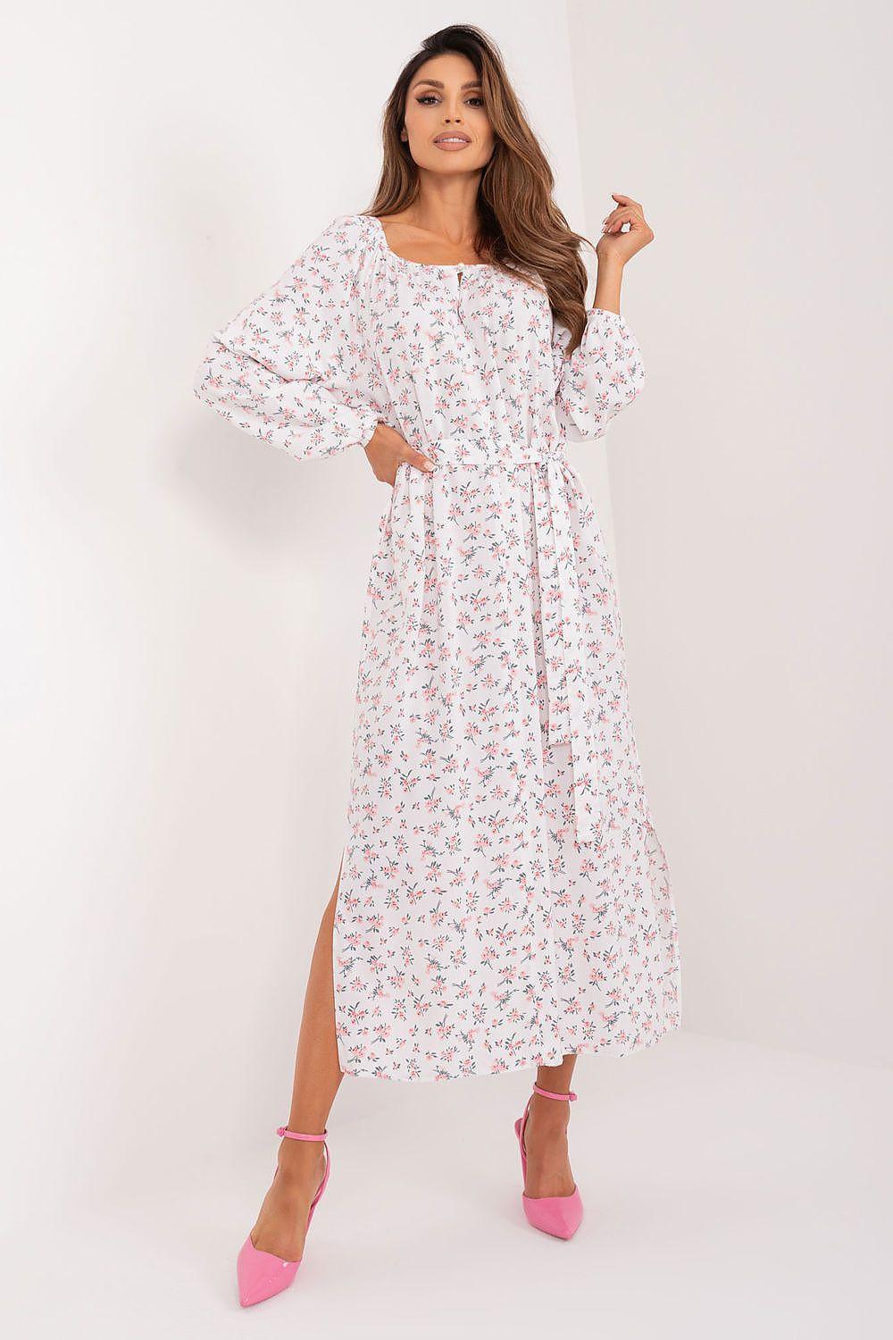 Pink floral long-sleeve daydress with gathered waist and tiered skirt