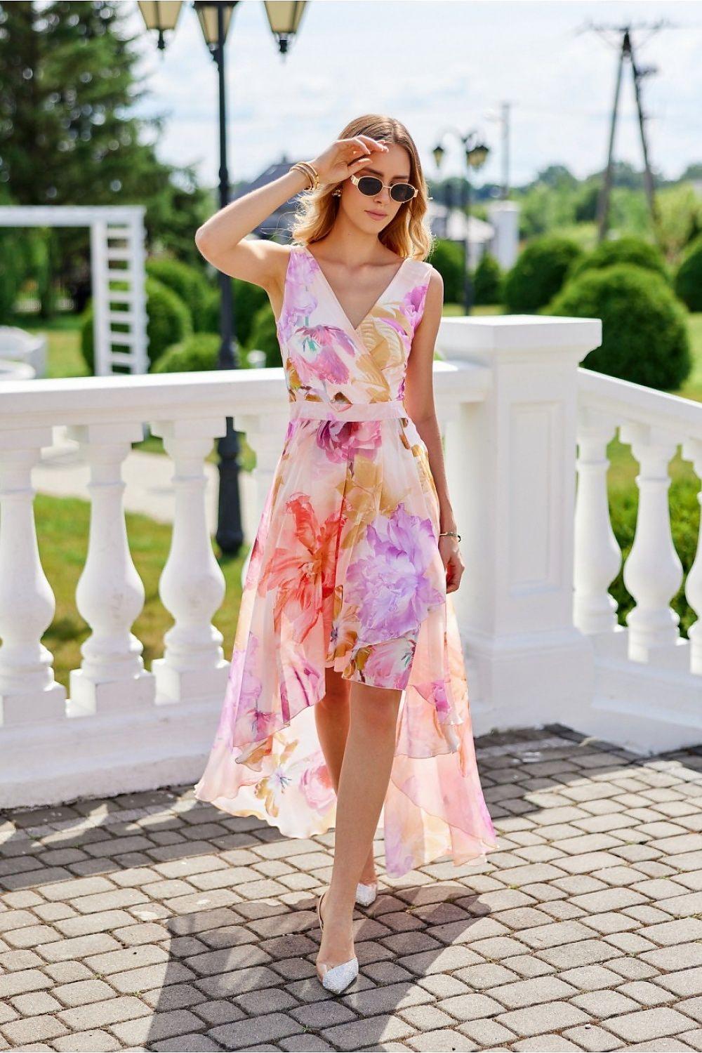 Floral V-neck sleeveless cocktail dress with layered ruffle hem and tie waist