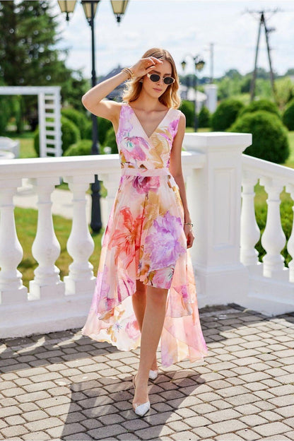 Floral V-neck sleeveless cocktail dress with layered ruffle hem and tie waist