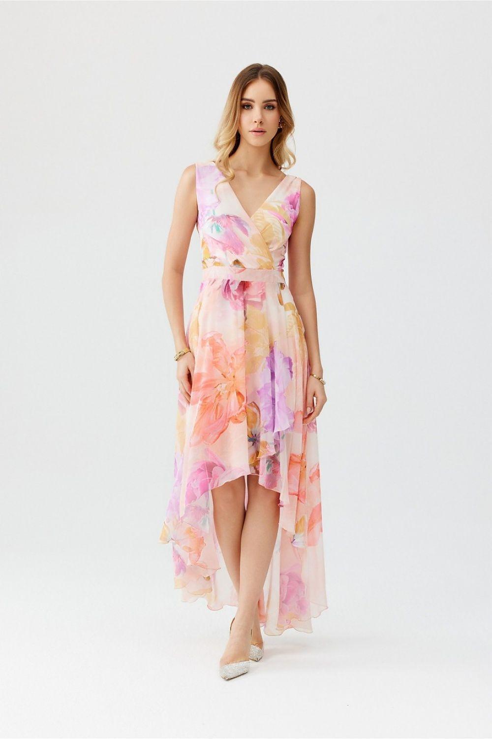 Floral asymmetrical V-neck cocktail dress with ruffled tiers and tie waist