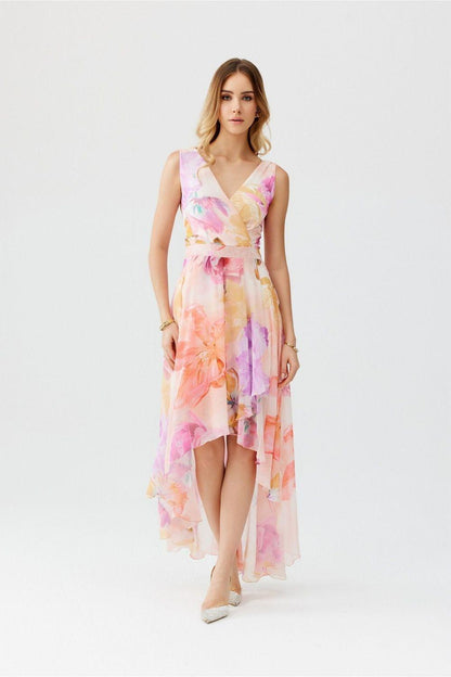 Floral asymmetrical V-neck cocktail dress with ruffled tiers and tie waist