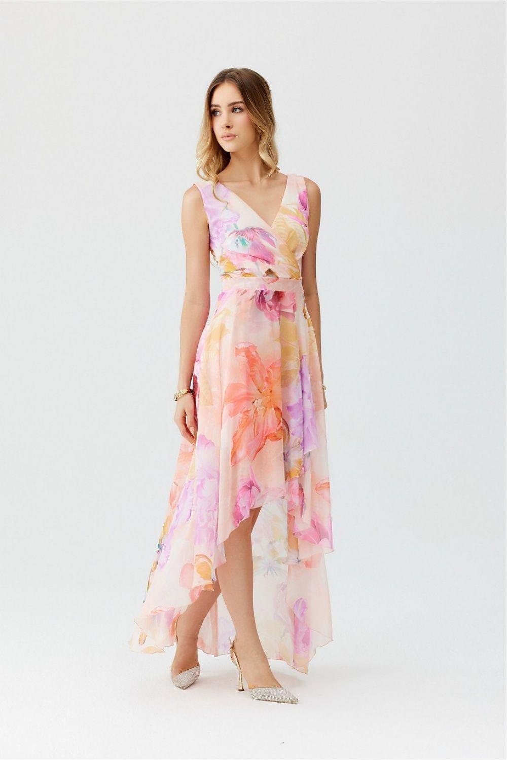 Floral V-neck sleeveless cocktail dress with layered ruffle hem