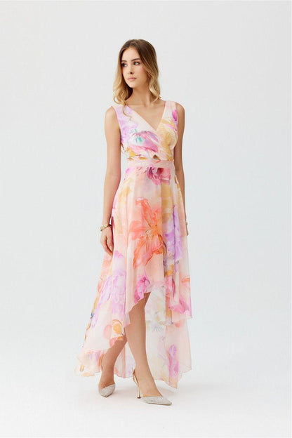 Floral V-neck sleeveless cocktail dress with layered ruffle hem
