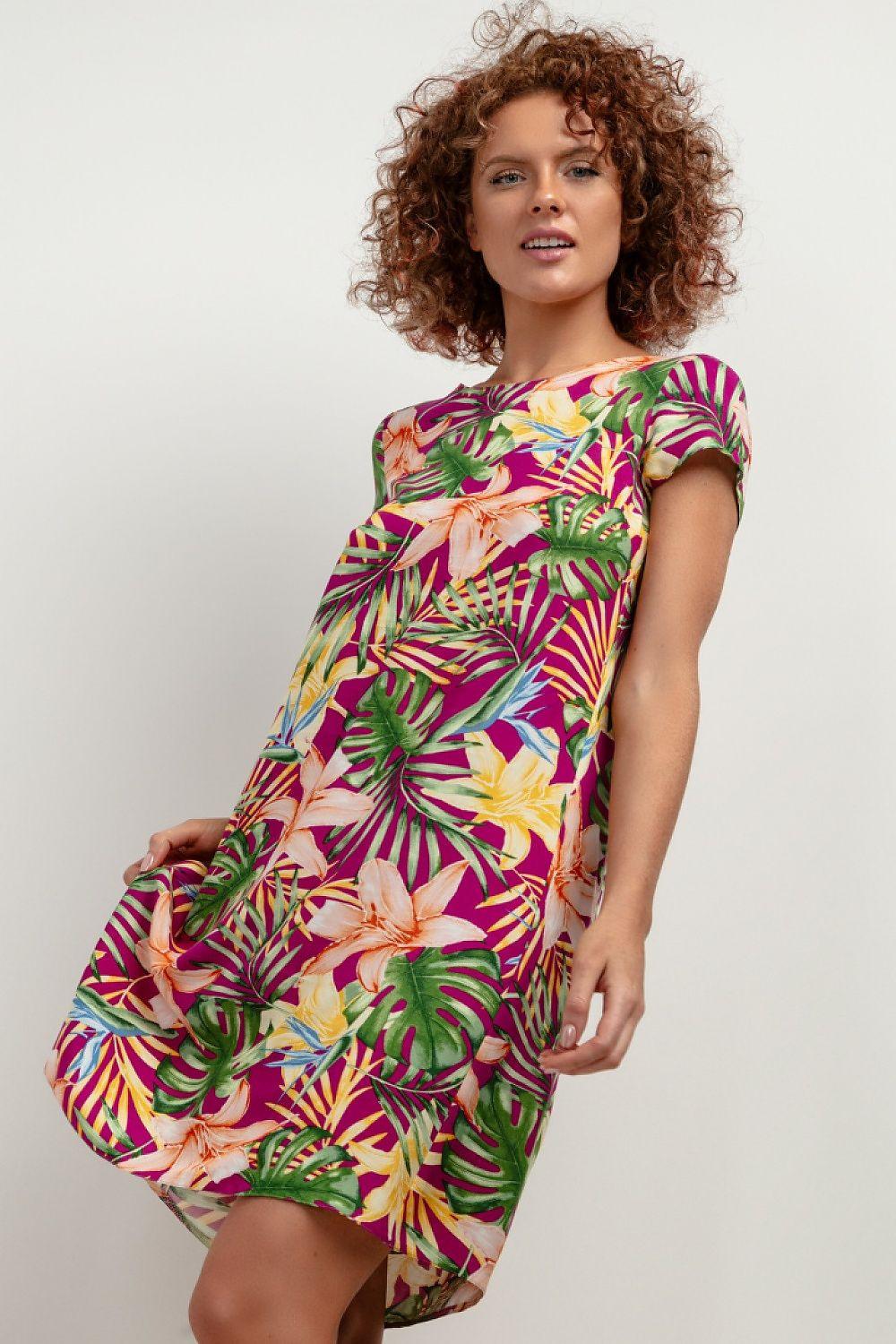 Tropical leaf print daydress with cap sleeves, round neckline, knee length, pink and green.