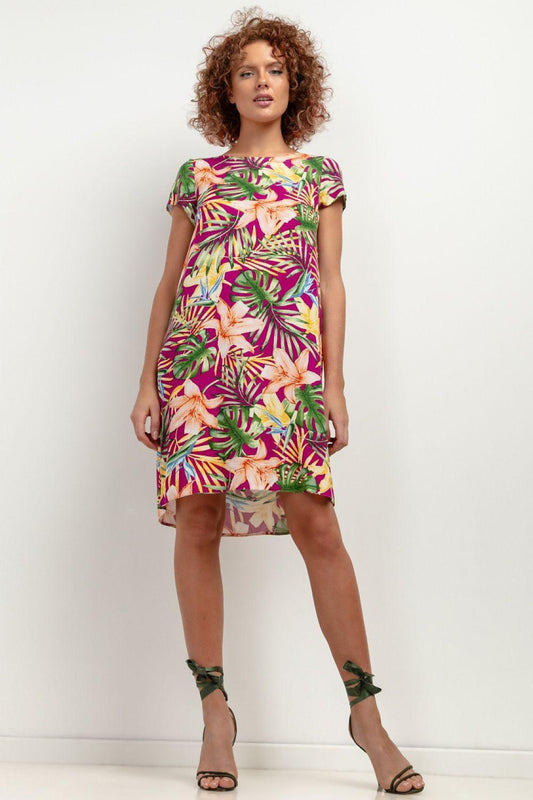 Multicolor printed daydress with tropical leaf pattern, short sleeves, above-knee length