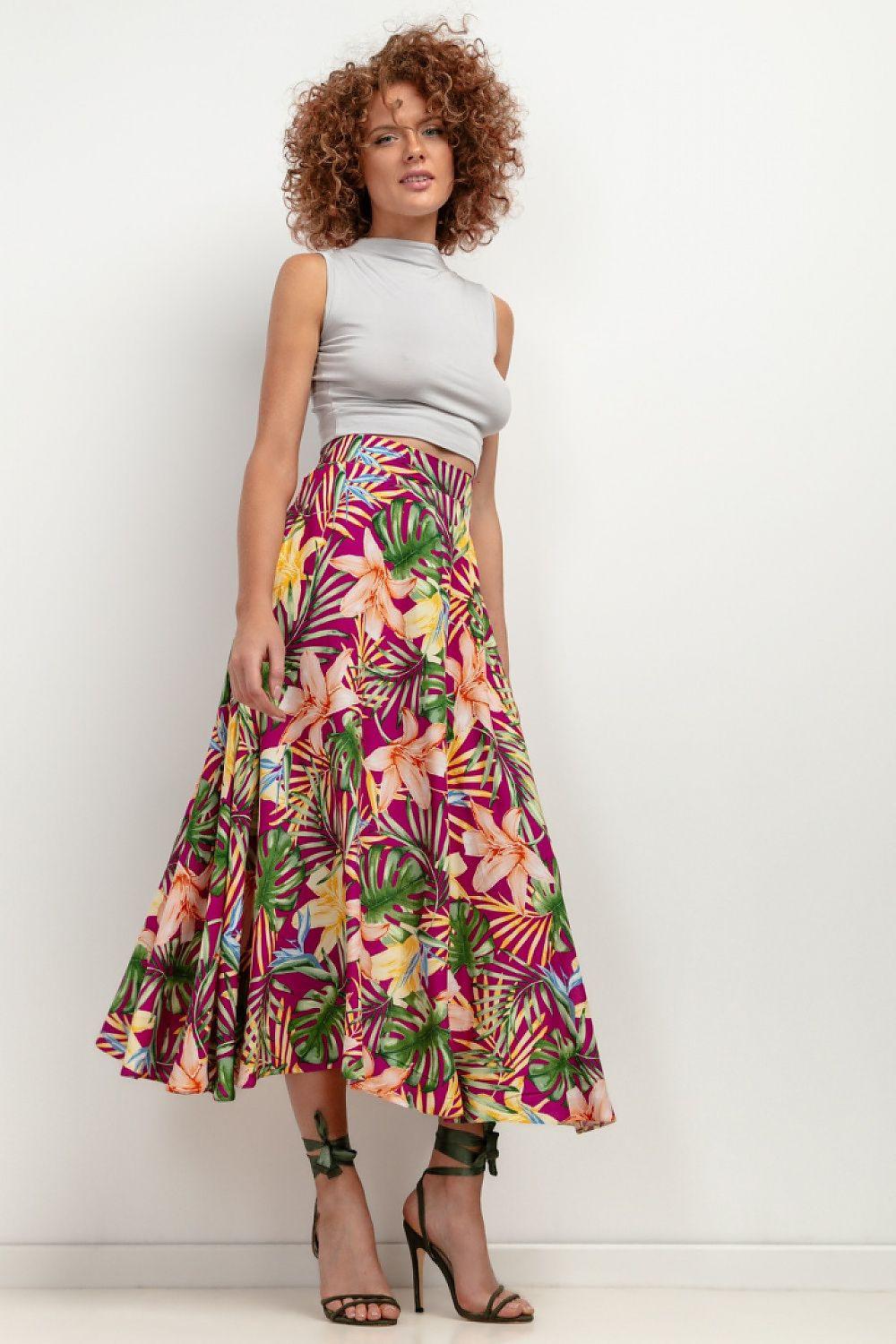 Tropical leaf print midi skirt in green, pink, and yellow with flared A-line hem