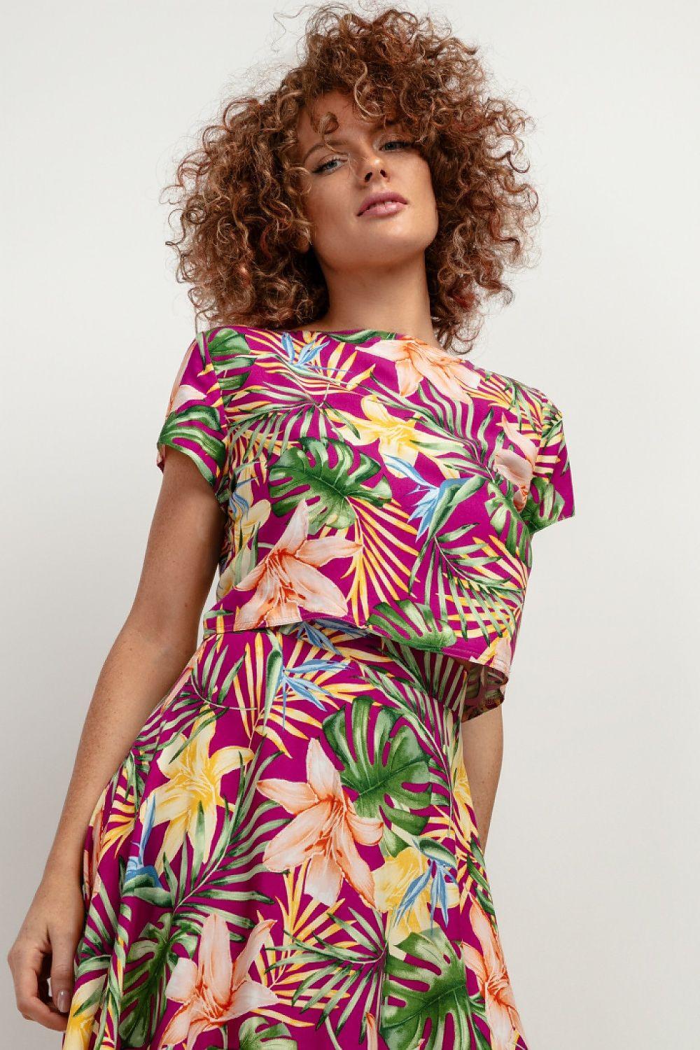 Multicolor tropical floral blouse with short sleeves and waist tie