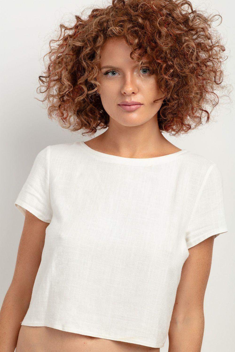 Tessita linen blend blouse, white short-sleeve crew-neck cropped top