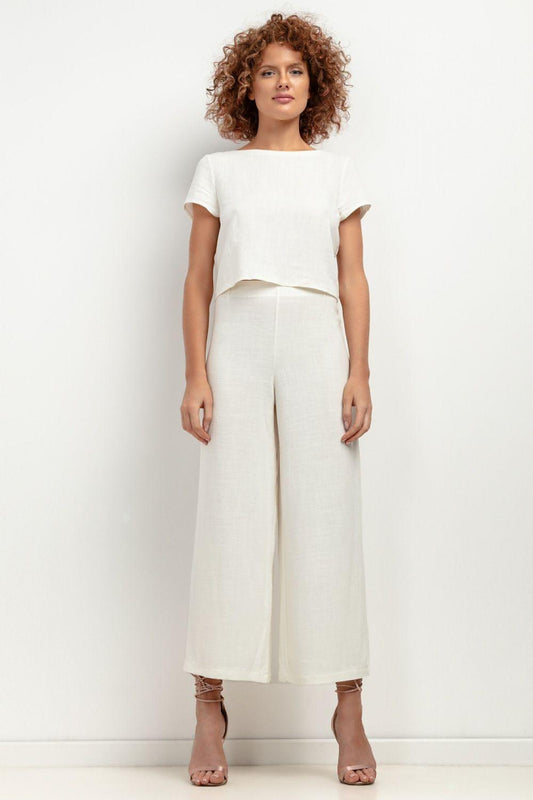 White wide-leg cropped trousers with a relaxed straight fit and ankle-length hems.