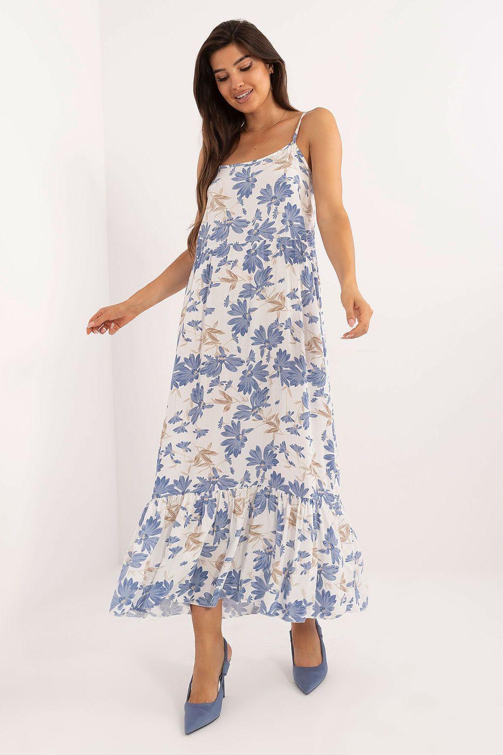 Blue floral sleeveless daydress with spaghetti straps, square neckline, tiered ruffle hem