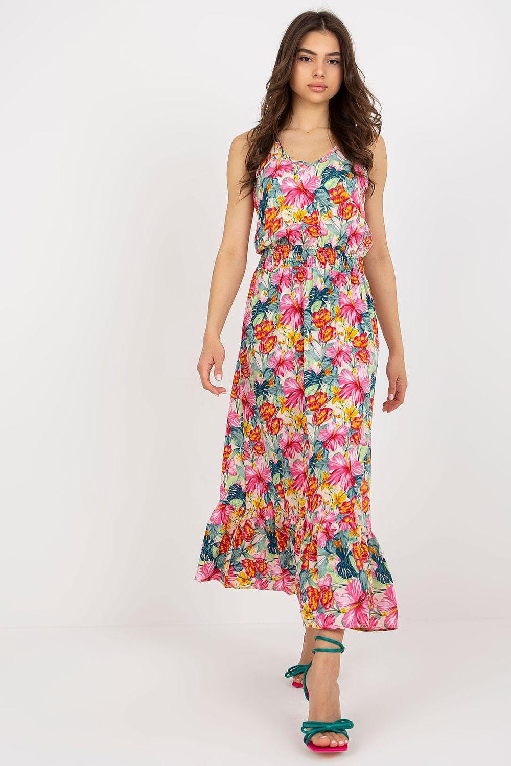 Multicolor floral daydress with V-neck, sleeveless straps, and tiered midi skirt