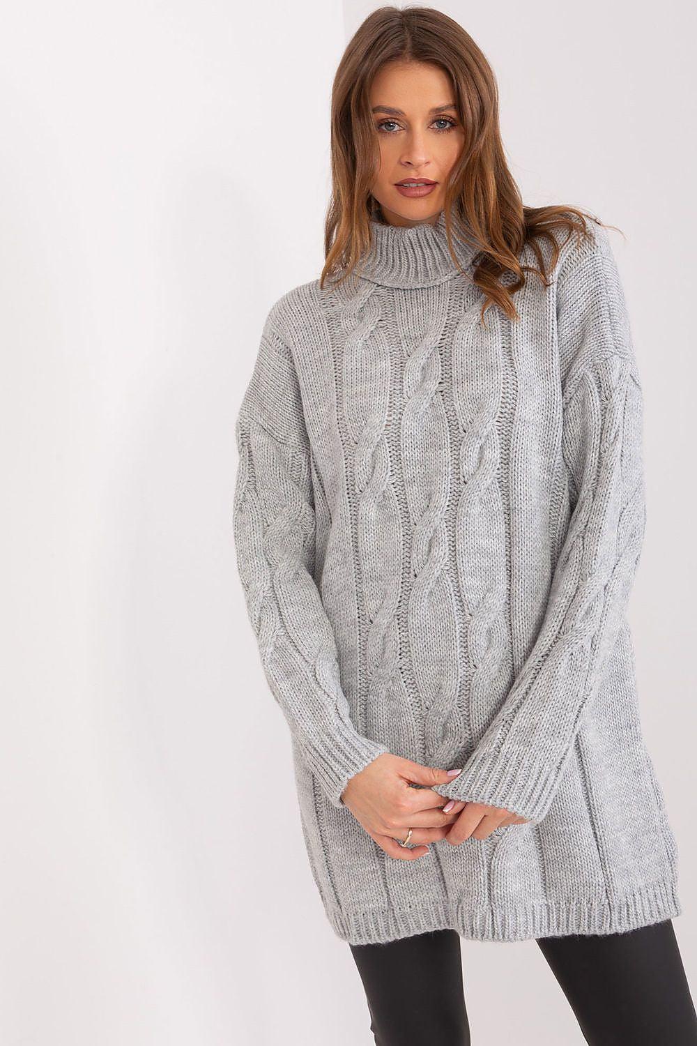 Grey cable-knit daydress with high neck, long sleeves and straight hem