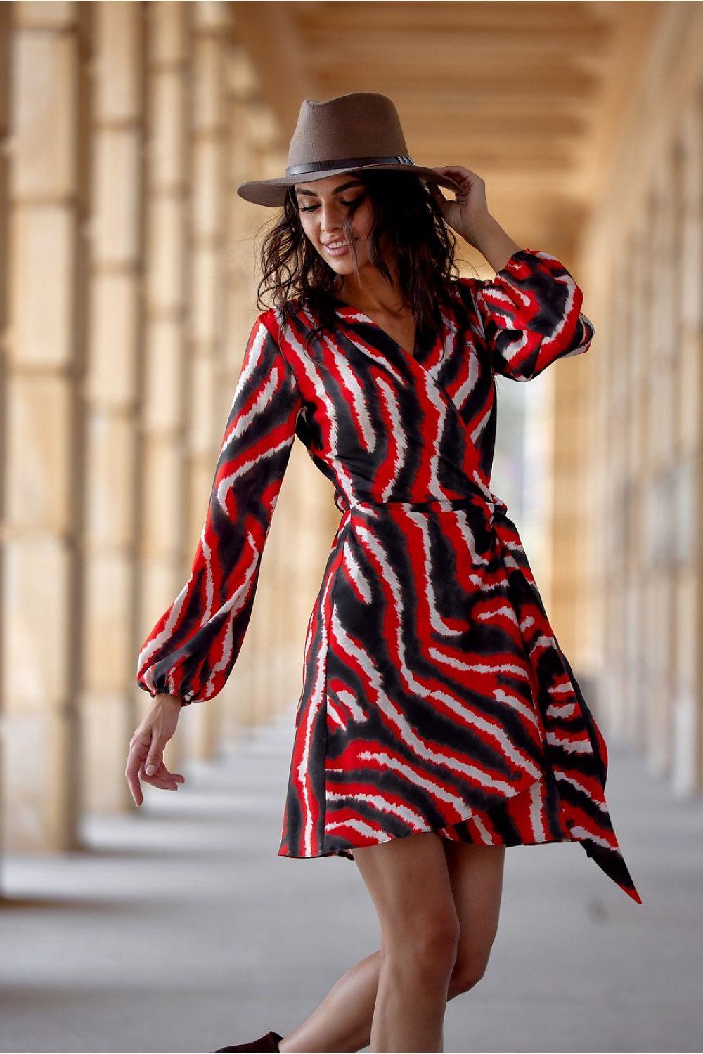 Wrap daydress mini in red and black zebra stripe print, long sleeves, waist tie