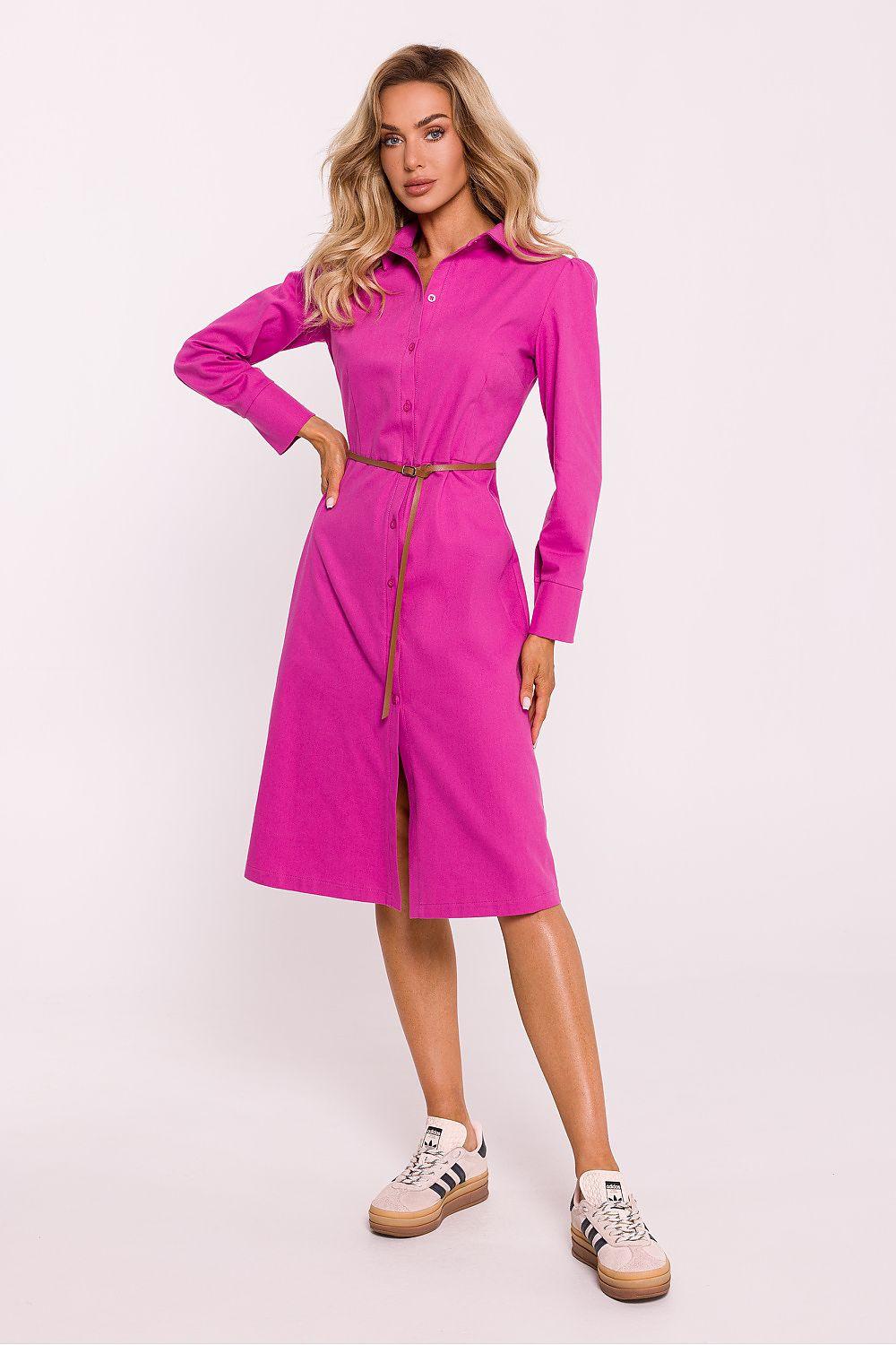 Pink long-sleeve daydress with button front, midi length, and tie waist belt.