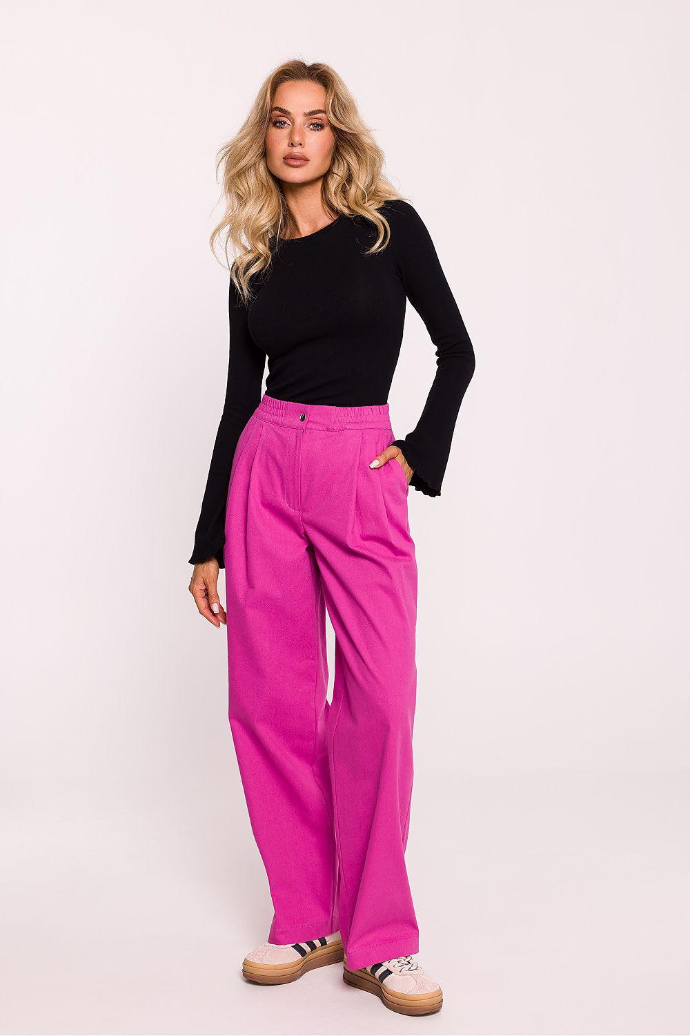 Pink wide-leg cotton trousers with high rise waistband and front creases