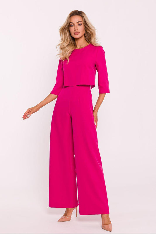 Fuchsia two-piece suit with 3/4 sleeve top and wide-leg trousers