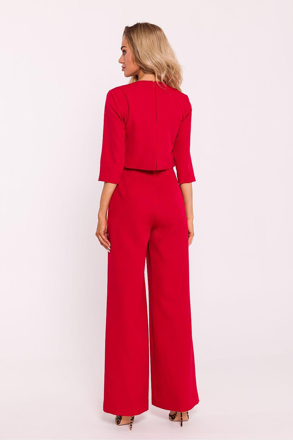 Red two-piece pantsuit, back view with 3/4-sleeve cropped top and wide-leg trousers