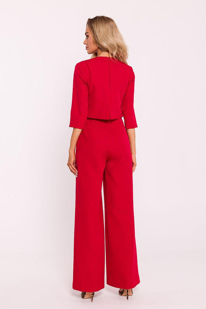 Red two-piece pantsuit, back view with 3/4-sleeve cropped top and wide-leg trousers