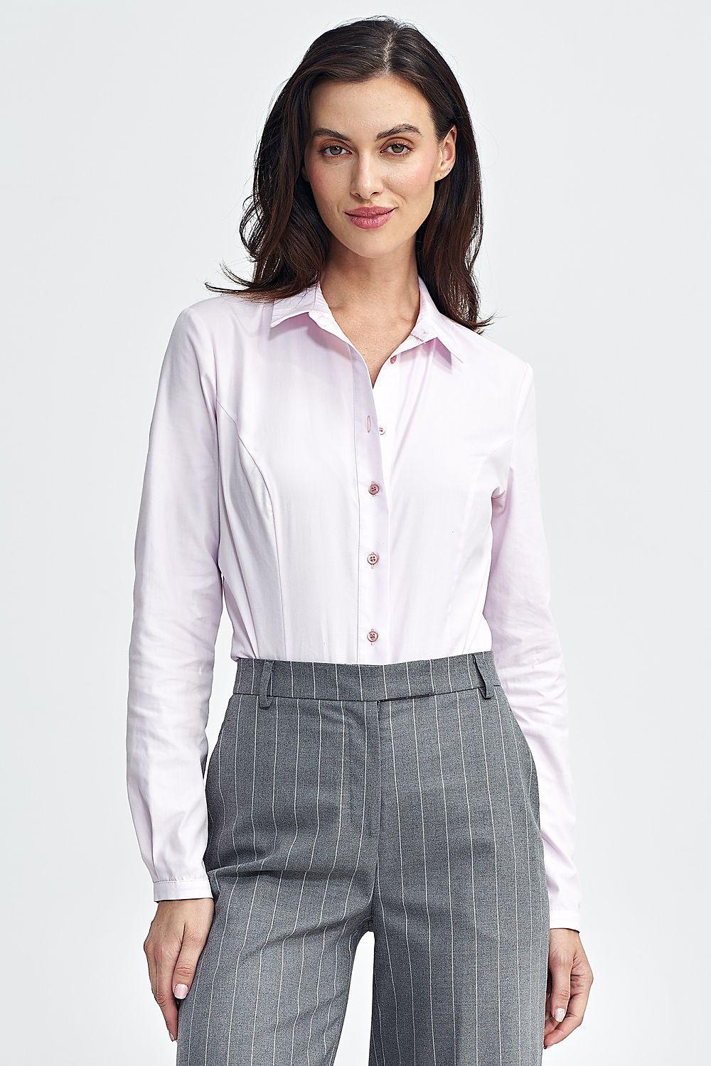 White button-front shapewear bodysuit with pink-trim collar and long sleeves