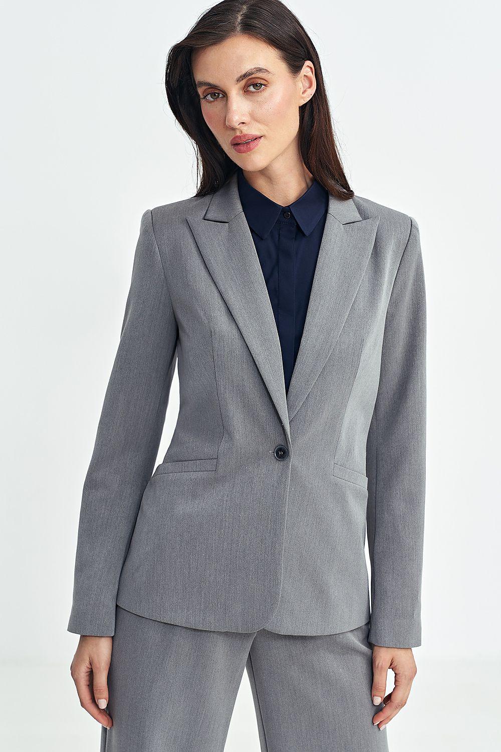 Light grey fitted blazer with notched lapels and single-button front