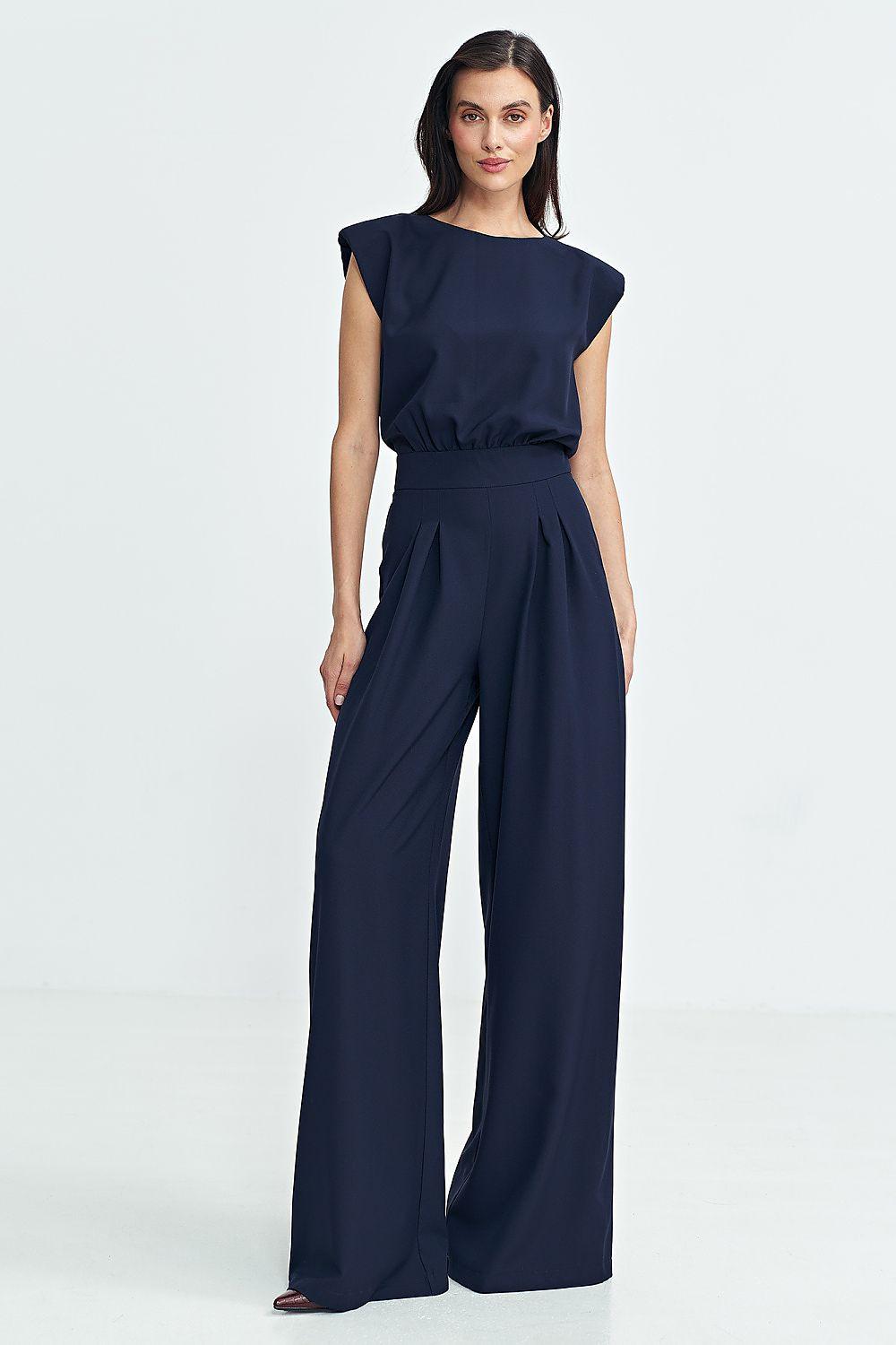 Navy blue wide-leg jumpsuit with elastic waist and cap sleeves, Nife