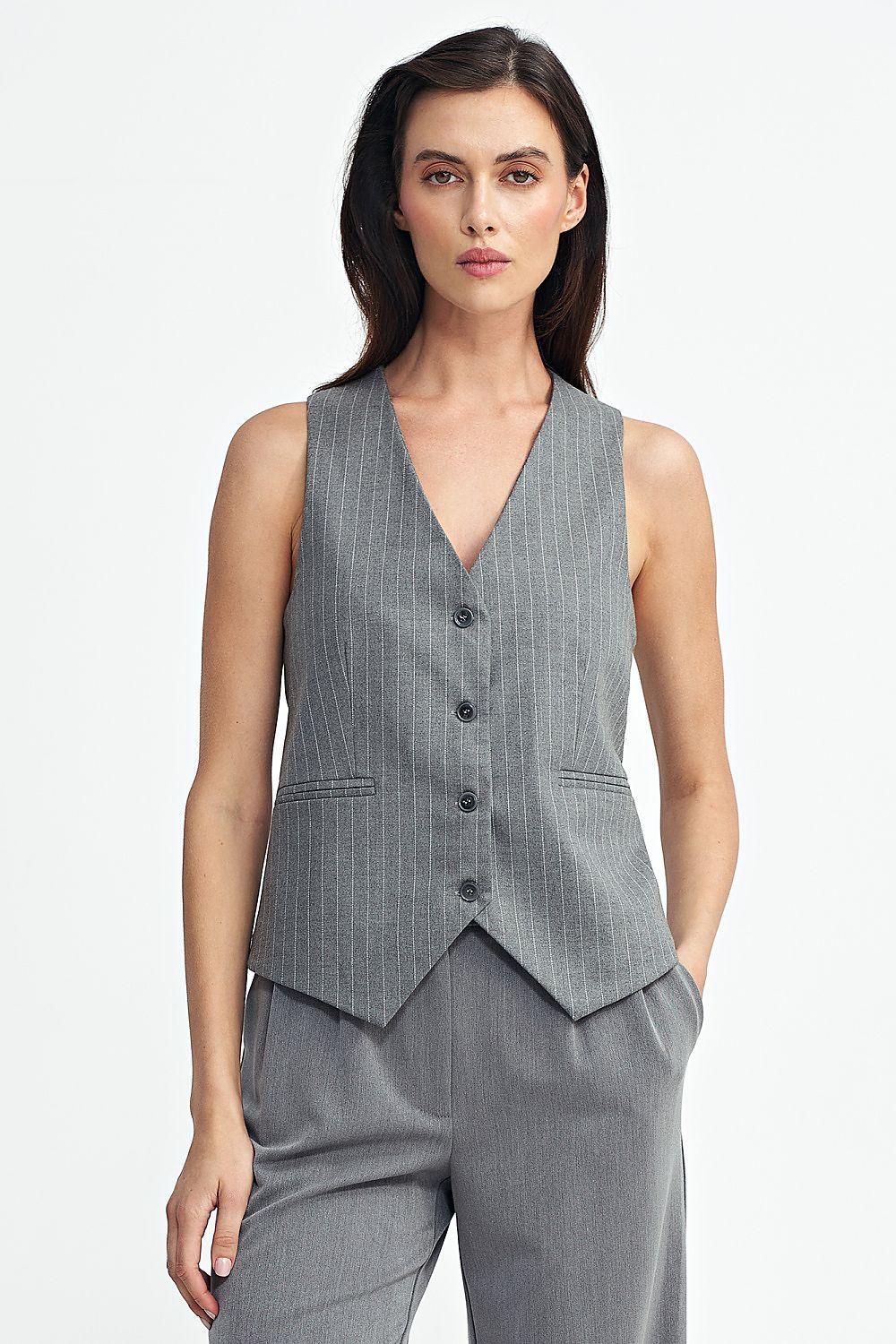 Women’s grey pinstripe sleeveless gilet with V-neck and button front