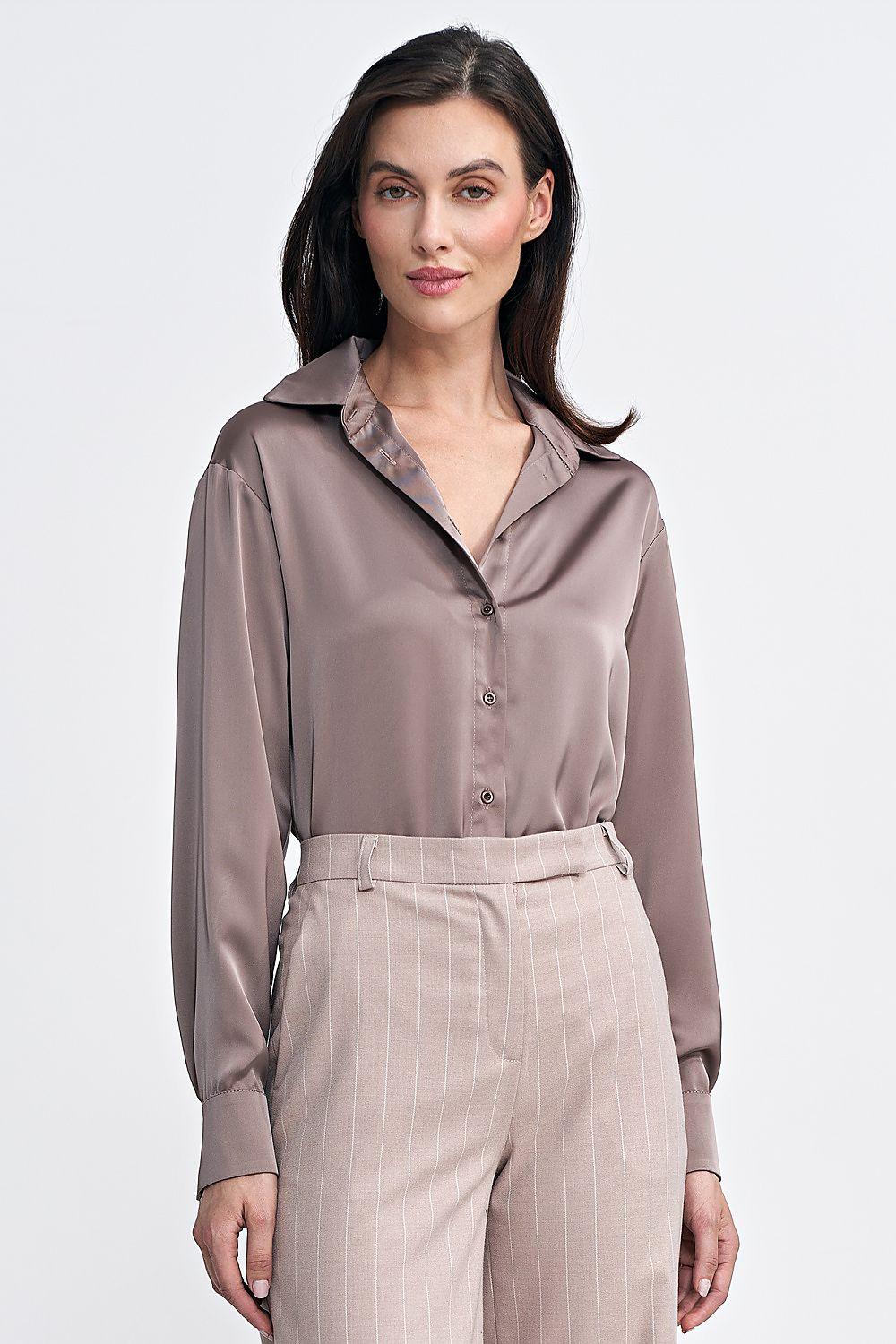 Taupe satin shapewear bodysuit with classic collar and button front