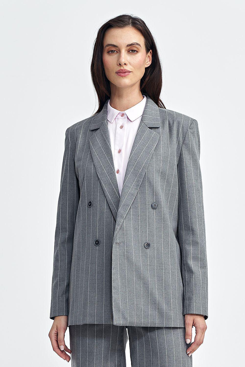 Grey pinstripe double-breasted oversized blazer with notch lapels and button front