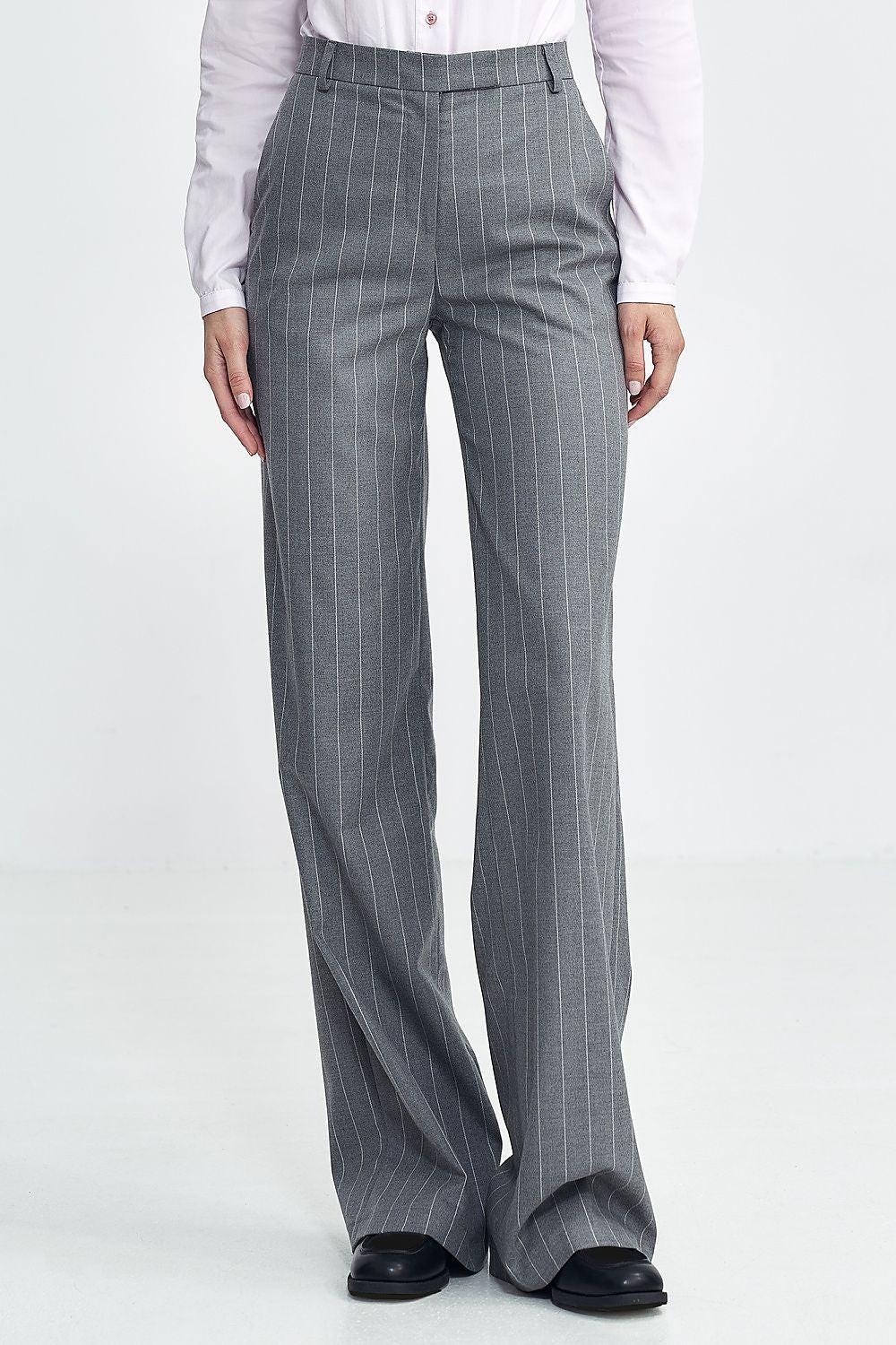 Women’s bootcut trousers, high-waist grey pinstripe, front view