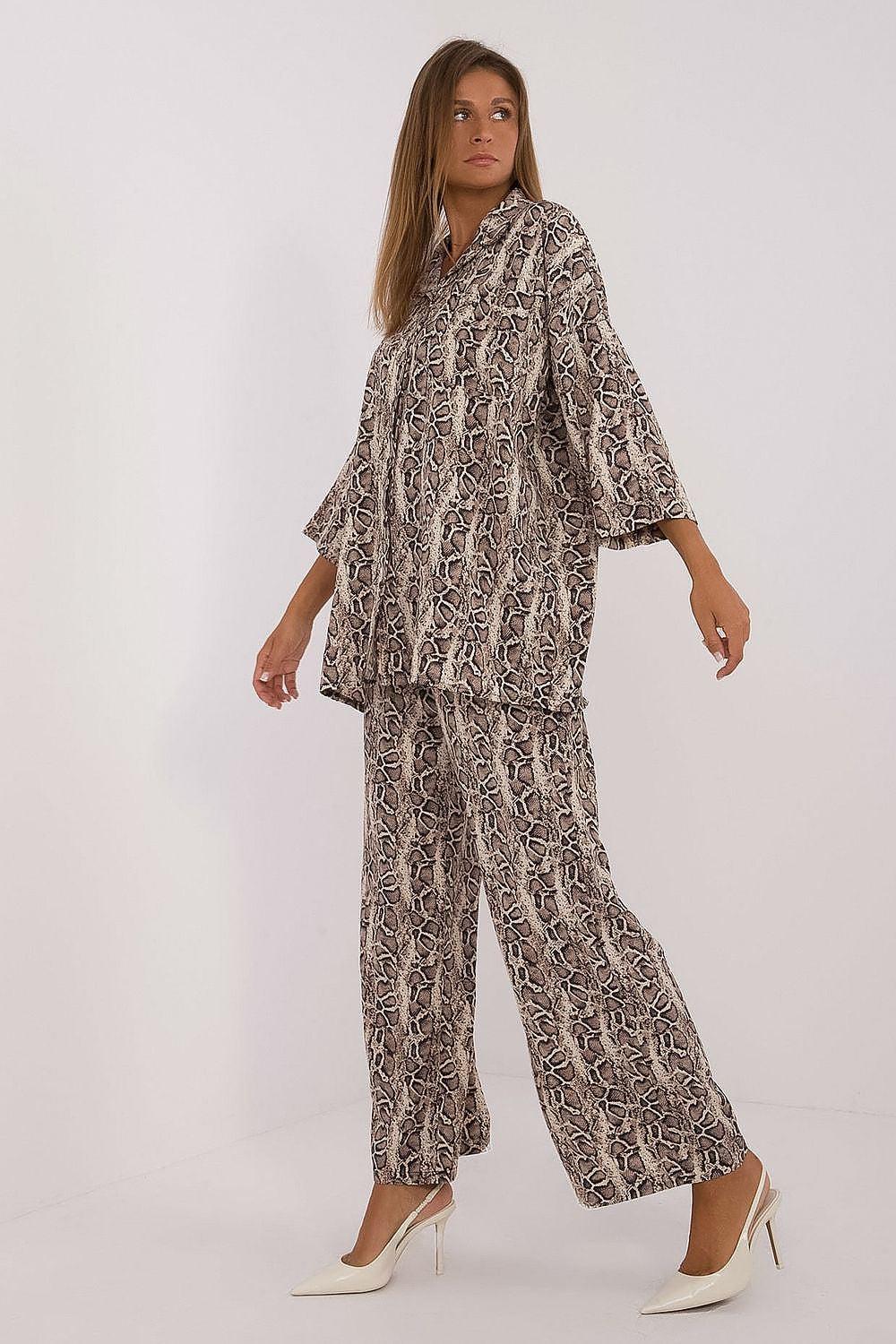 Beige snake-print set with long-sleeve blouse and wide-leg pants